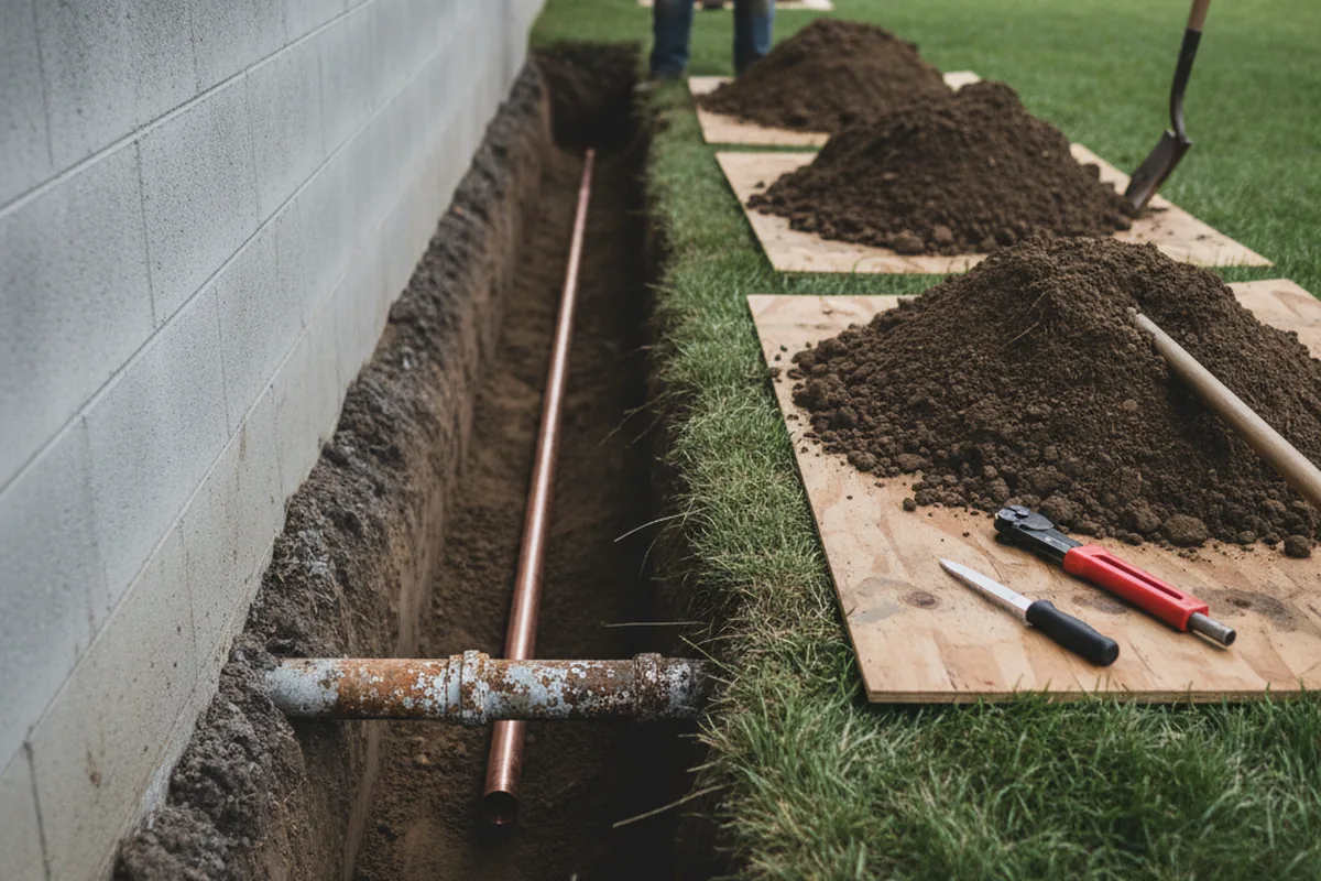 Excavated water line trench during Sewer Line Repair in Saint Simons Island